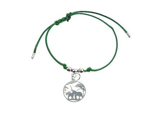 Bransoletka ze sznurka, kolor zielony, z przywieszką z motywem Afryka, słonie.