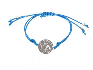 Bransoletka ze sznurka, kolor niebieski i srebrnych elementów  ozdobnych - paproć.